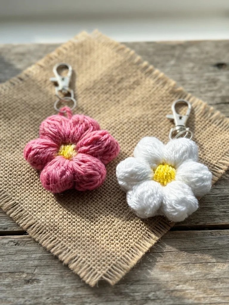 Deux porte-clés crochetés en forme de fleurs, l’un rose et l’autre blanc, avec des centres jaunes et des mousquetons argentés, posés sur de la toile de jute.