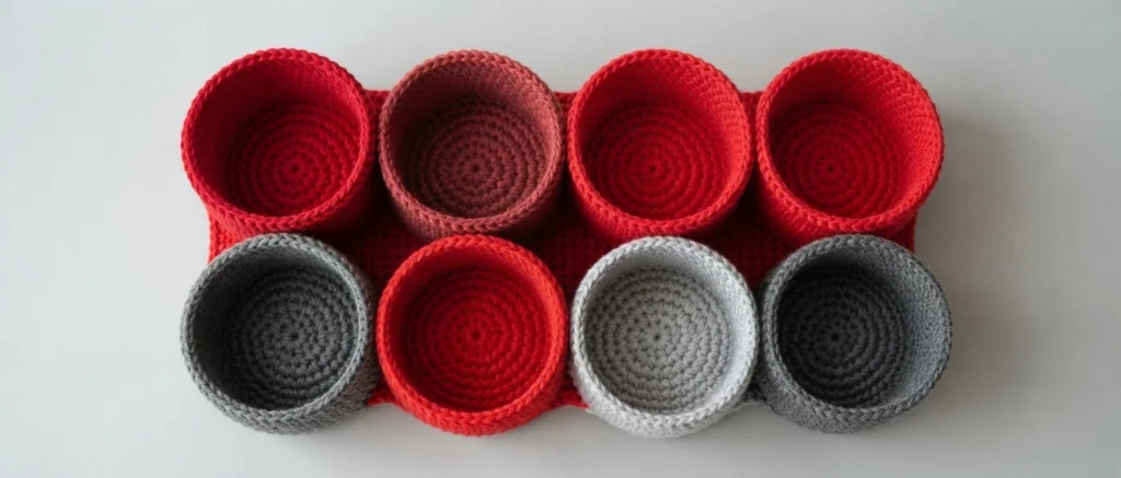 Top view of eight empty crochet cups in red, muted pink and gray arranged in two rows on a light background