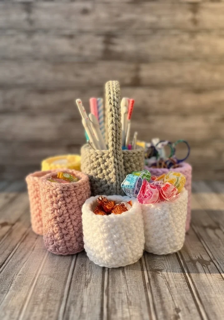 Crochet organizer caddy with a grey central cup and handle surrounded by pastel cups filled with wrapped candies and crochet hooks on a wooden surface