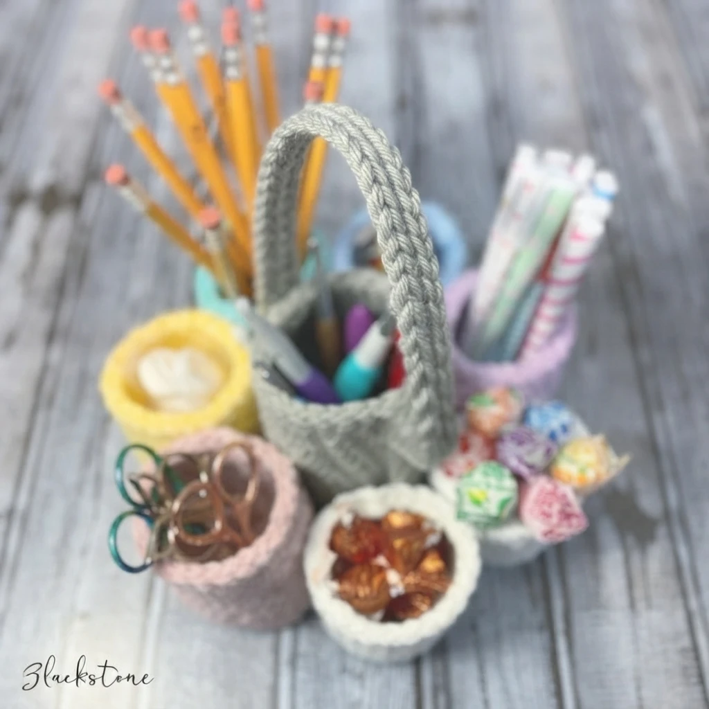 Crochet organizer caddy with a gray central cup and tall handle, surrounded by pastel cups holding pencils, pens, scissors and wrapped candies on a gray wood surface