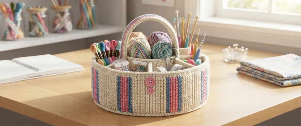 Cream crochet organizer caddy with pink and blue stripes, a handle, yarn balls, embroidery floss, scissors and crochet hooks on a wooden table