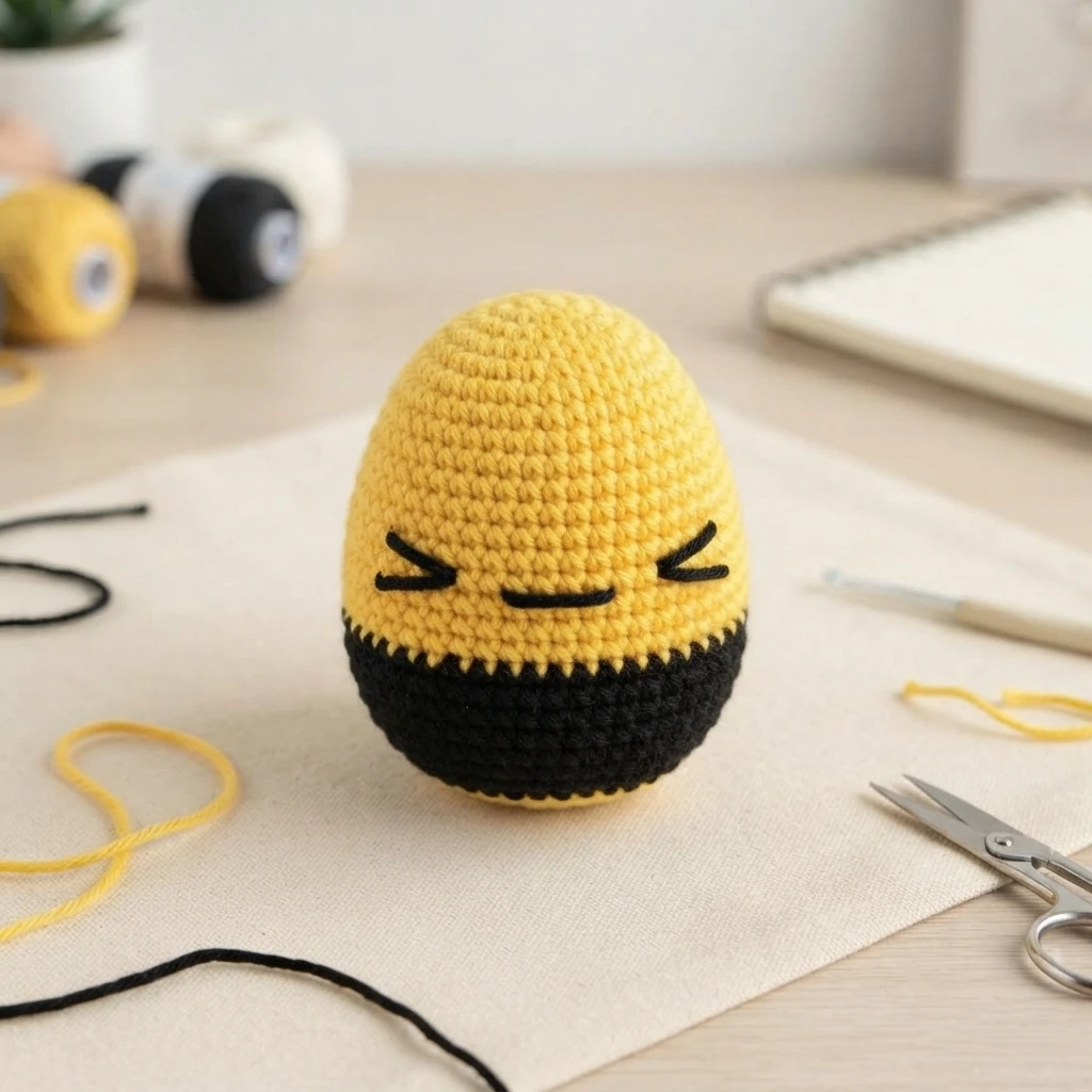 Yellow crocheted egg with a black lower band and an embroidered smiling face, resting on a beige mat beside yellow and black yarn, a crochet hook and scissors.