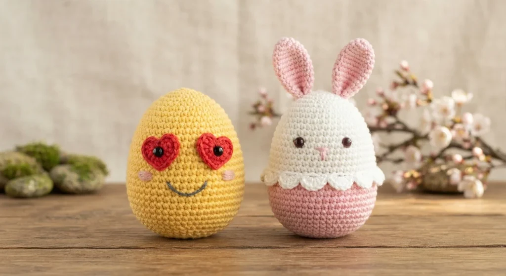 Crochet Easter eggs: a yellow egg with red heart eyes and an embroidered smile next to a white and pink bunny egg with pink ears, on a wooden table with spring blossoms.