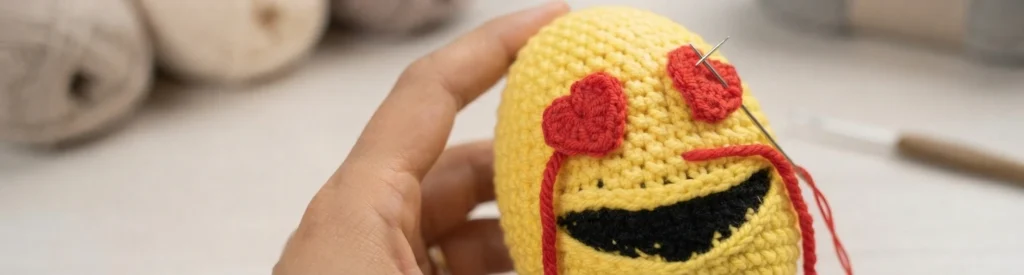 Hand sewing red crocheted heart eyes onto a yellow emoji egg with a needle, red yarn tails hanging down.
