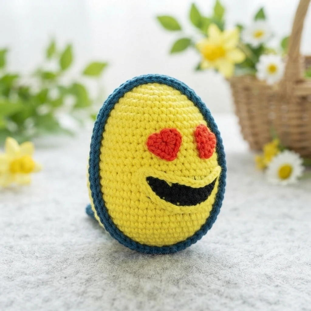 Yellow crochet emoji egg with red heart eyes and black smile, edged in blue, sitting on a light surface with spring flowers behind