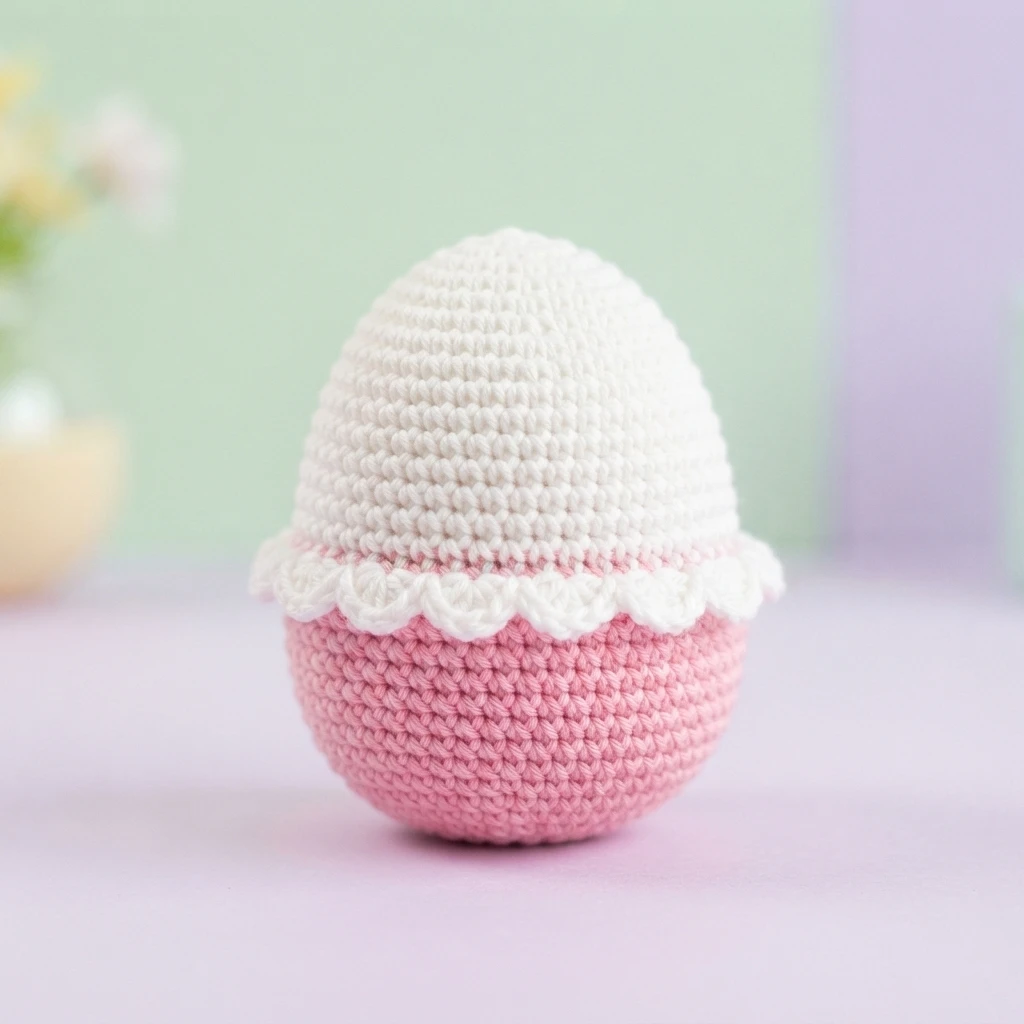 Crocheted egg shaped body with a white upper part, pink lower part and white scalloped trim at the color join, on a soft pastel background