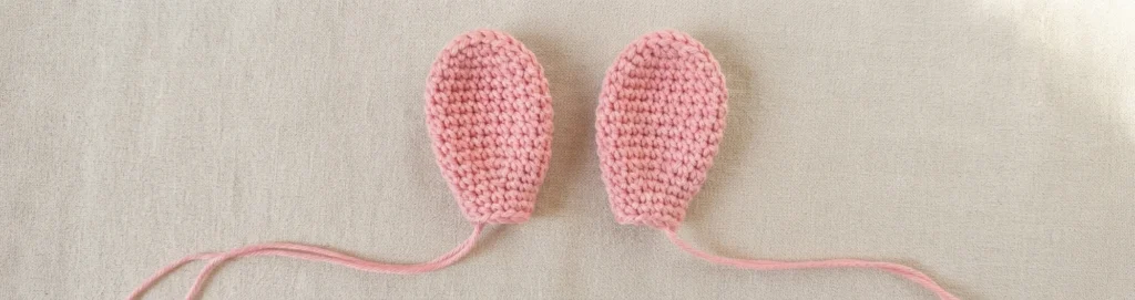 Two pink crocheted bunny ears with yarn tails lying side by side on light beige fabric.
