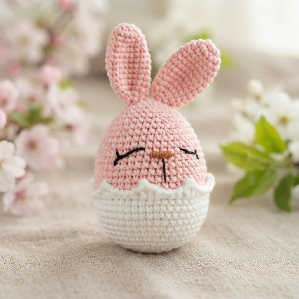 A pink crocheted bunny egg with tall ears, embroidered closed eyes and a small brown nose, sitting in a white crocheted cracked eggshell, with soft pink and white spring blossoms in the background.