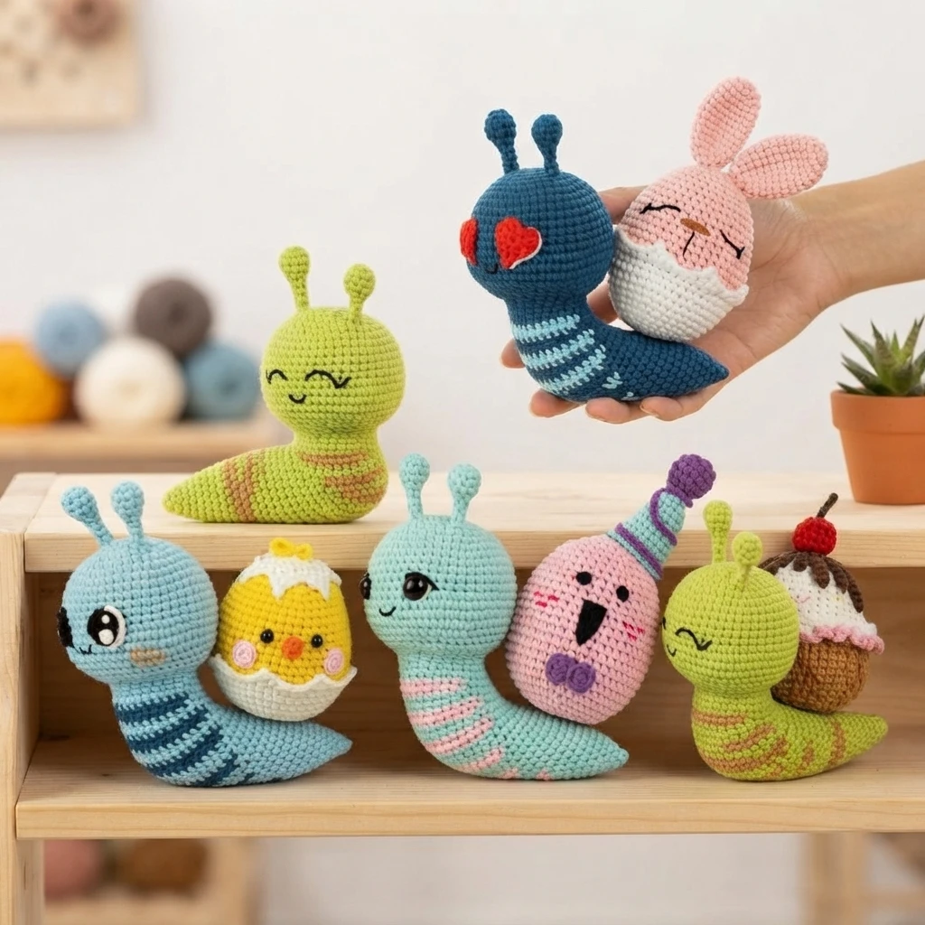 Crochet snail amigurumi figures with seasonal shell designs, including bunny egg, chick egg, birthday egg and ice cream shells, arranged on a wooden shelf