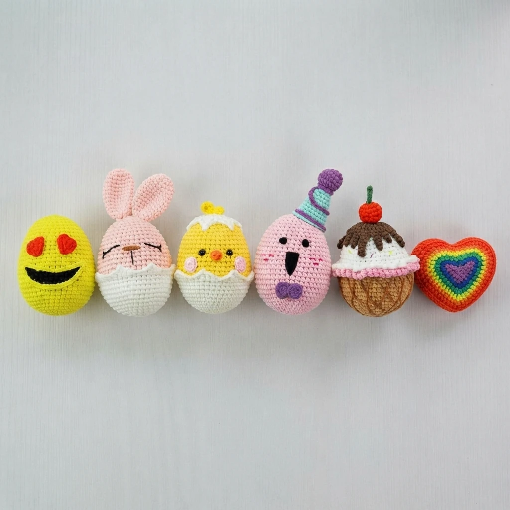 Six crocheted amigurumi pieces in a row: a yellow emoji egg with red heart eyes, a pink bunny egg hatching from a white shell, a yellow chick egg, a pink egg wearing a party hat, an ice cream cup topped with a cherry, and a rainbow heart.
