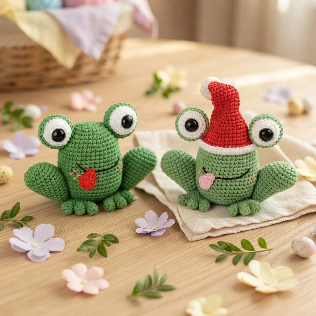 Two finished green crochet frogs, one wearing a red pointed hat, displayed among small spring flowers on a wooden table