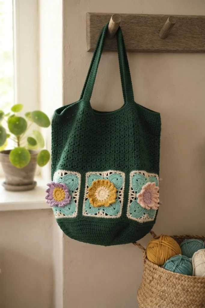 Finished forest green crochet bucket bag with three floral granny square motifs, hanging on a wooden peg rail next to a potted plant and a basket of yarn balls.