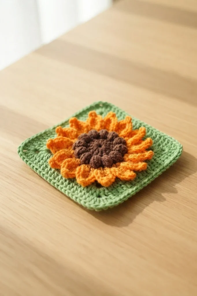 Single crochet sunflower granny square with orange petals, a brown bobble center and a green square border lying on a wooden table