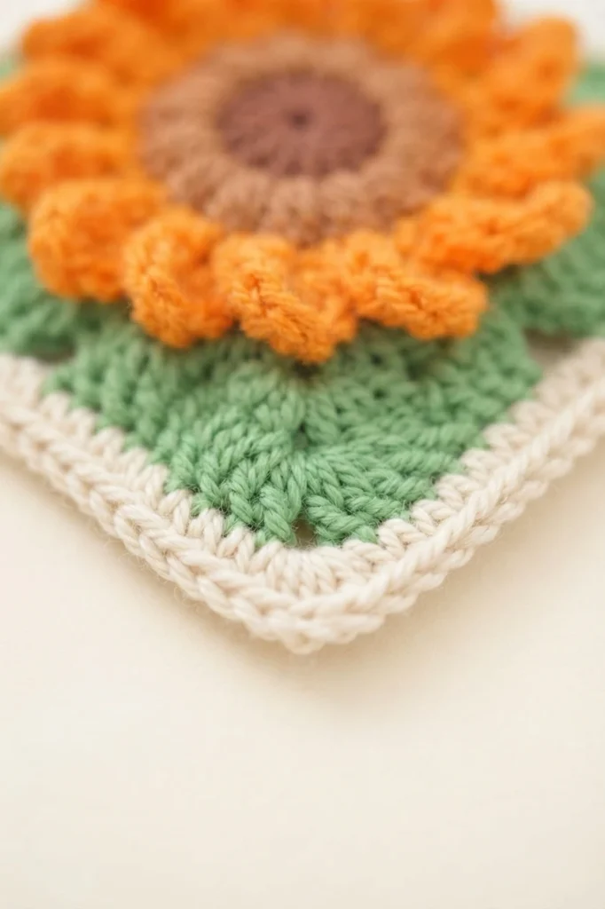 Close-up of a sunflower granny square corner with orange petals, brown center, green surround and cream border