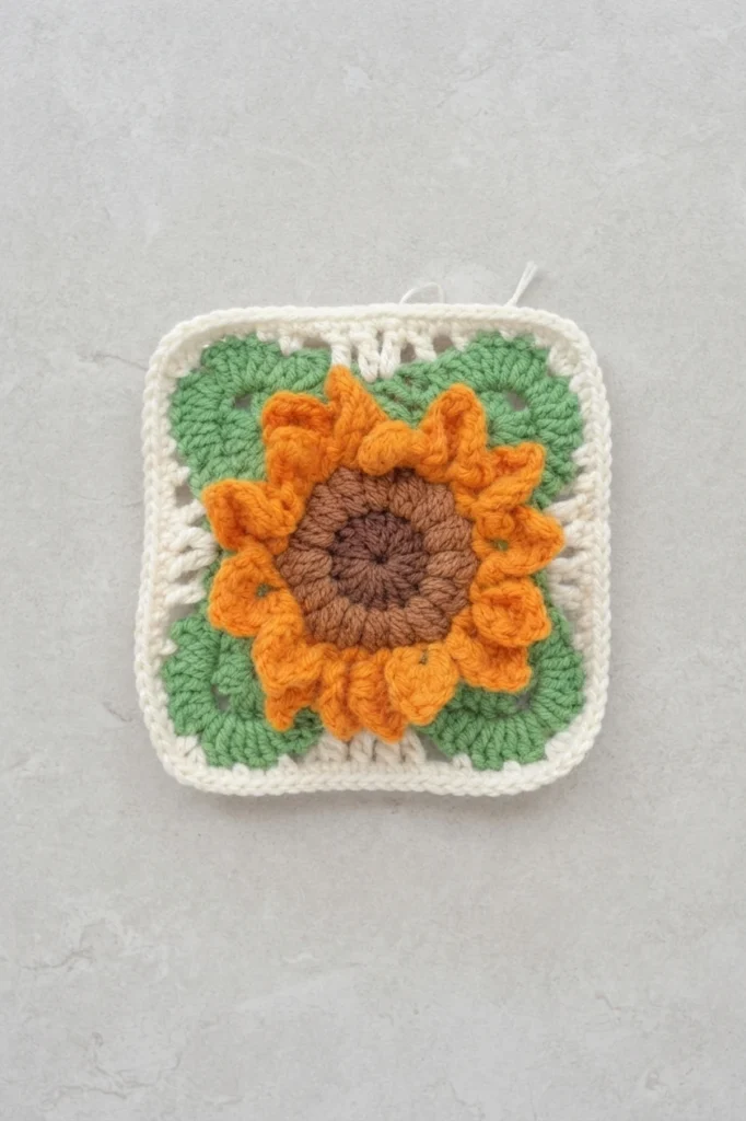 Sunflower granny square with orange ruffled petals, brown center, green background and cream border lying flat on a light surface.