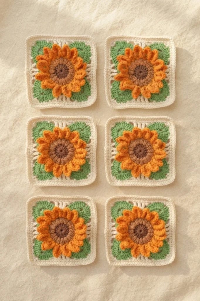 Six finished sunflower granny squares with ruffled orange petals, brown centers, green leaf motifs and cream borders arranged in a grid on beige fabric