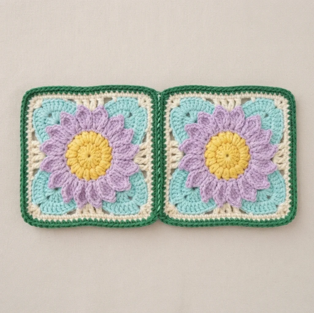 Two crocheted sunflower granny squares joined edge to edge with a visible green slip-stitch seam, lavender petals around yellow centers with mint and cream borders, lying flat on a neutral background.