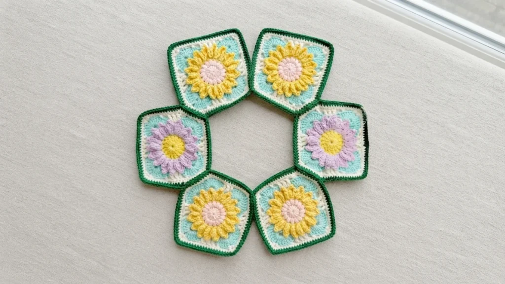 Six crochet granny squares with flower motifs arranged in a ring on a light fabric surface