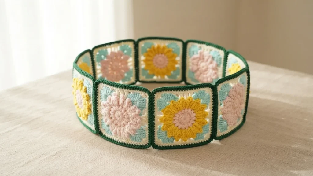 Six crochet granny squares joined into a standing ring, each with a yellow or pink flower motif on mint and cream with dark green borders, displayed on a light table.