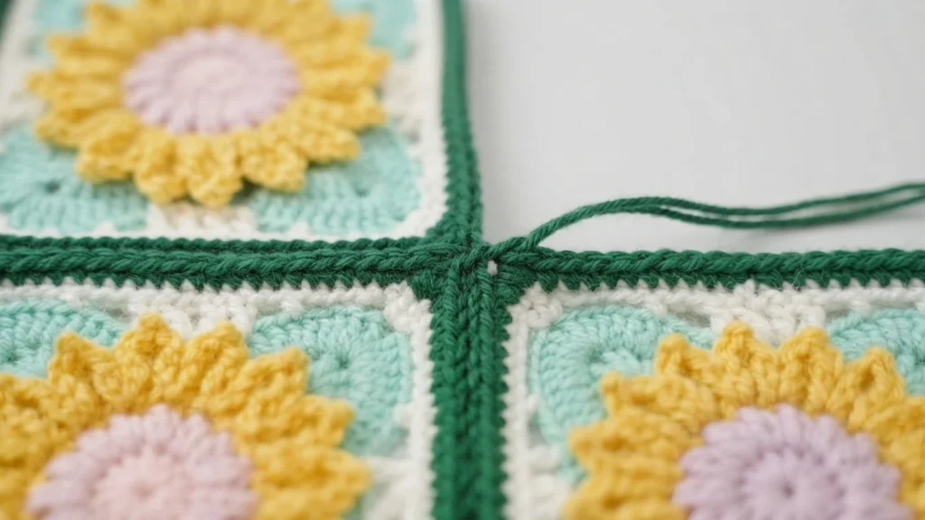 Close-up of joined granny squares with yellow flower motifs, white and mint borders, and a raised green seam meeting at a corner with a loose yarn tail.