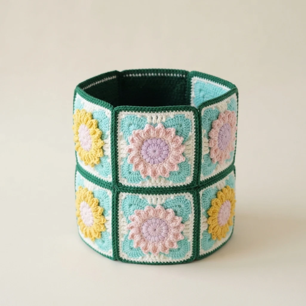 Floral granny squares joined into a ring forming the crochet bag body