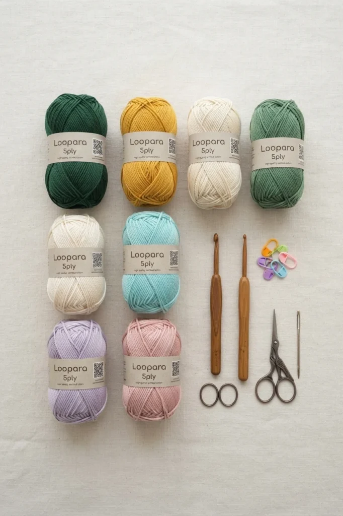 Flat lay of yarn balls in forest green, yellow, cream, aqua, lavender and pink next to two wooden crochet hooks, colorful stitch markers, scissors and a yarn needle.
