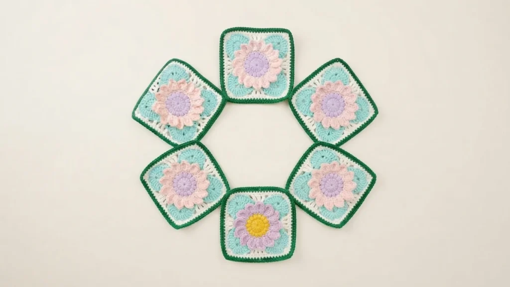Six crocheted granny squares with floral motifs arranged in a ring on a light background
