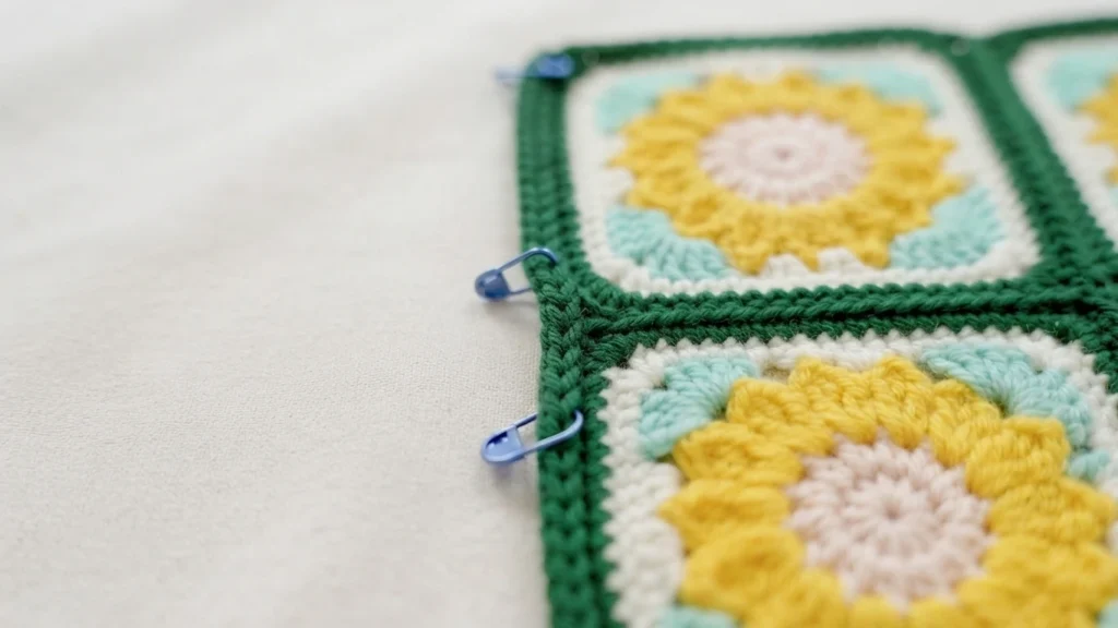 Close-up of joined floral granny squares with yellow petals and pale pink centers, mint and white inner rounds, dark green borders, and blue stitch markers along the seam