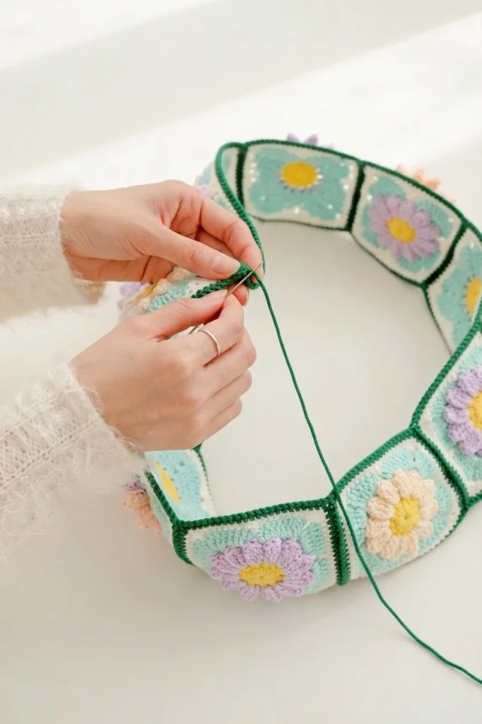 Hands slip stitching granny squares into a ring with green yarn and a needle, showing floral motifs with green edging