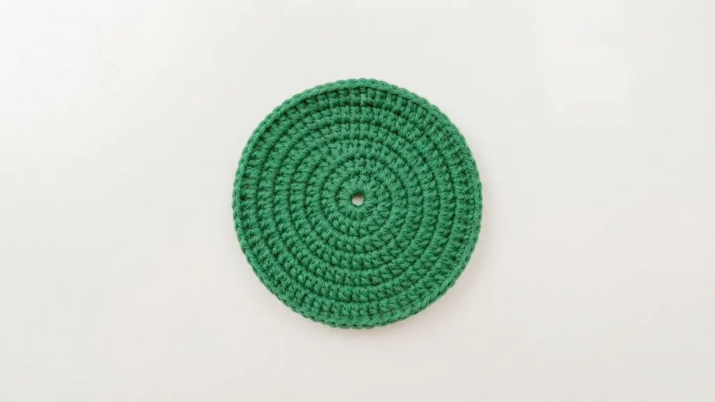 Flat circular crocheted base of the granny square bucket bag in dark green yarn, viewed from above.