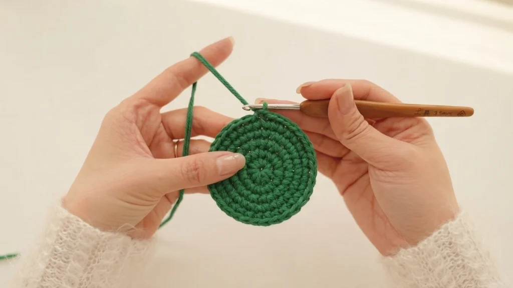 Hands holding a round green crocheted circle in progress with a wooden-handled crochet hook and green yarn