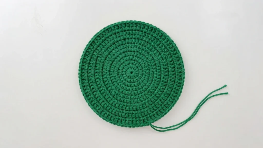 Flat lay of a round green crocheted bag bottom with a loose yarn tail on a plain light background.