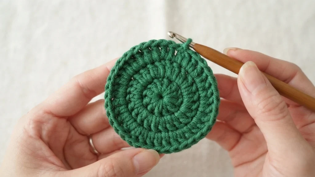 Hand holding a small round green crocheted disc with a wooden-handled crochet hook in the working loop.