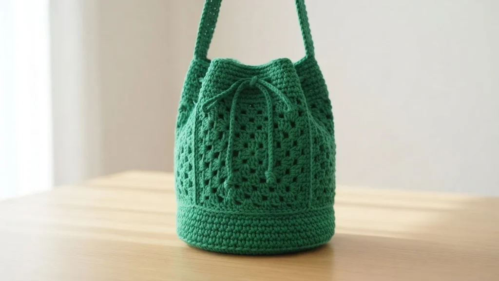Green crocheted bucket bag with granny square panels, drawstring top and straps, on a wooden table