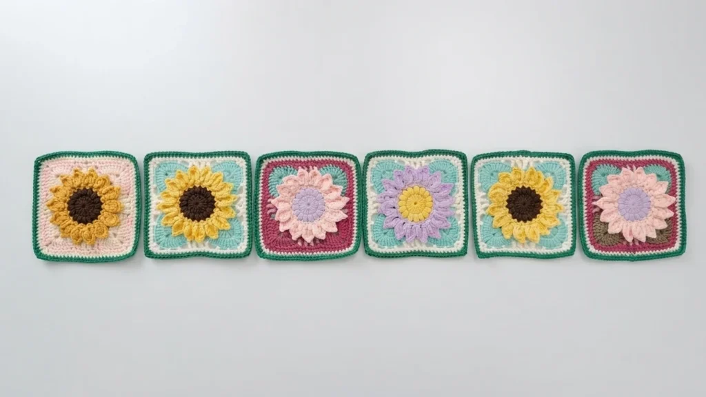 Six crochet granny squares with layered flower motifs arranged in a horizontal row on a white background.