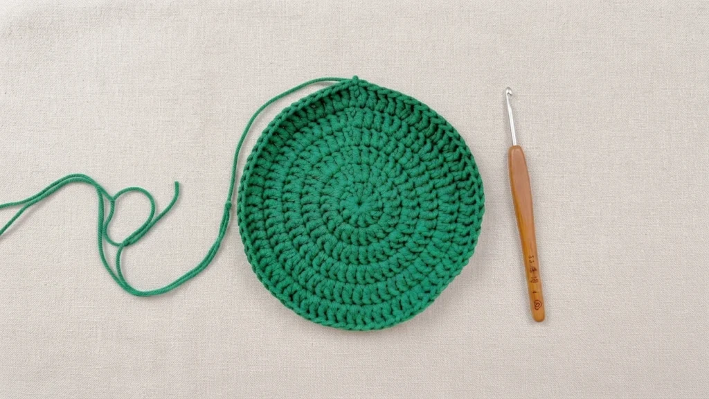 Round green crocheted bag bottom lying on a beige fabric surface with a wooden-handled crochet hook beside it and a trailing yarn tail.