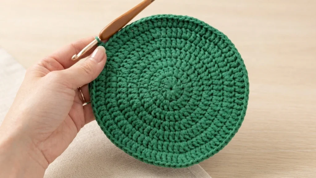 Hand holding the round dark green crocheted bag bottom in progress with a wooden crochet hook