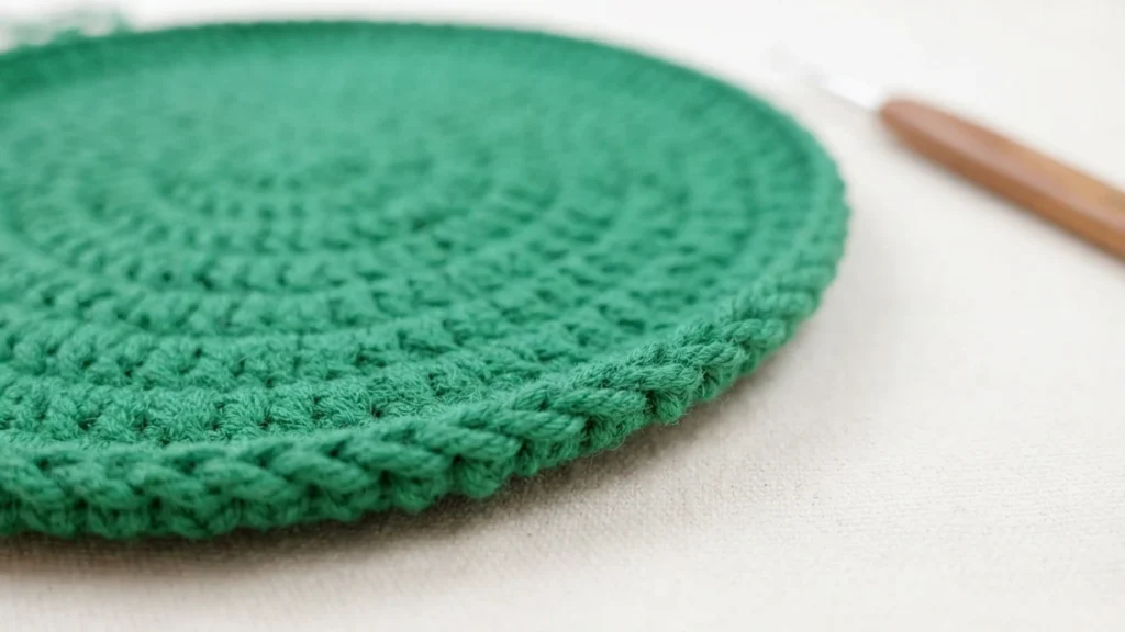 Close-up side view of a round green crocheted bag bottom showing textured edge stitches, with a wooden-handled crochet hook blurred in the background
