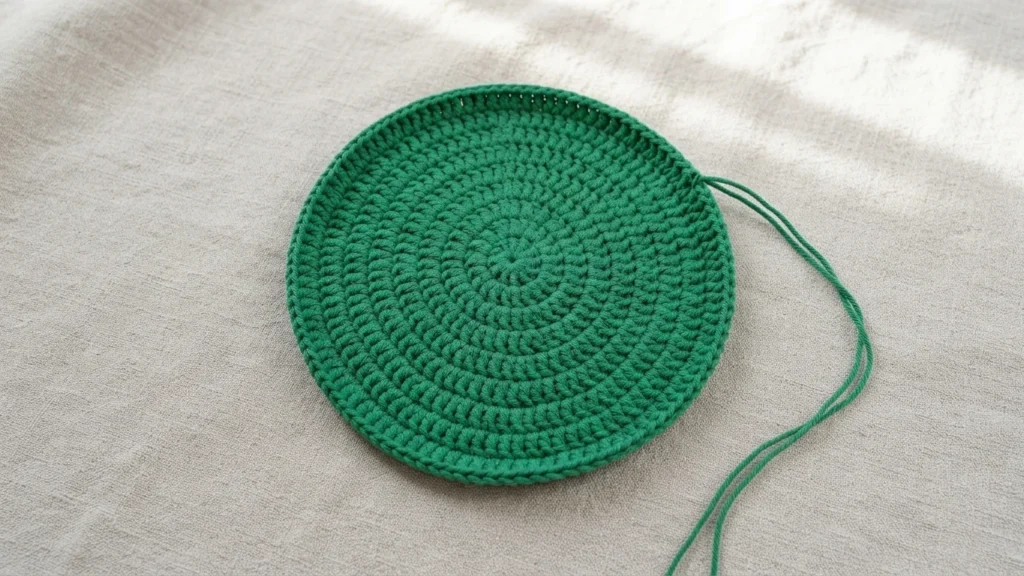 Round green crocheted bag bottom lying flat on beige linen with a yarn tail extending to the side