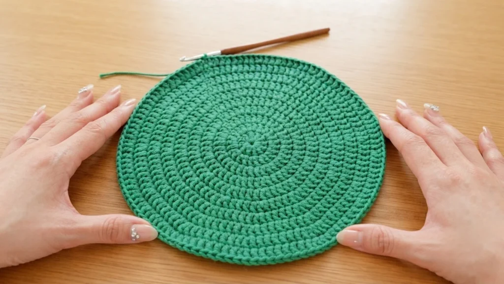 Two hands holding a round green crocheted bag base flat on a light wooden table, with a crochet hook resting at the top edge.