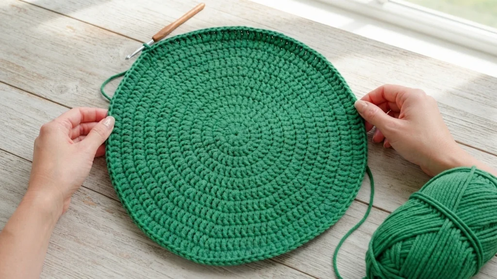 Hands holding a round green crocheted disc, the finished bag bottom, with a crochet hook resting on its edge and a ball of green yarn nearby on a wooden table.
