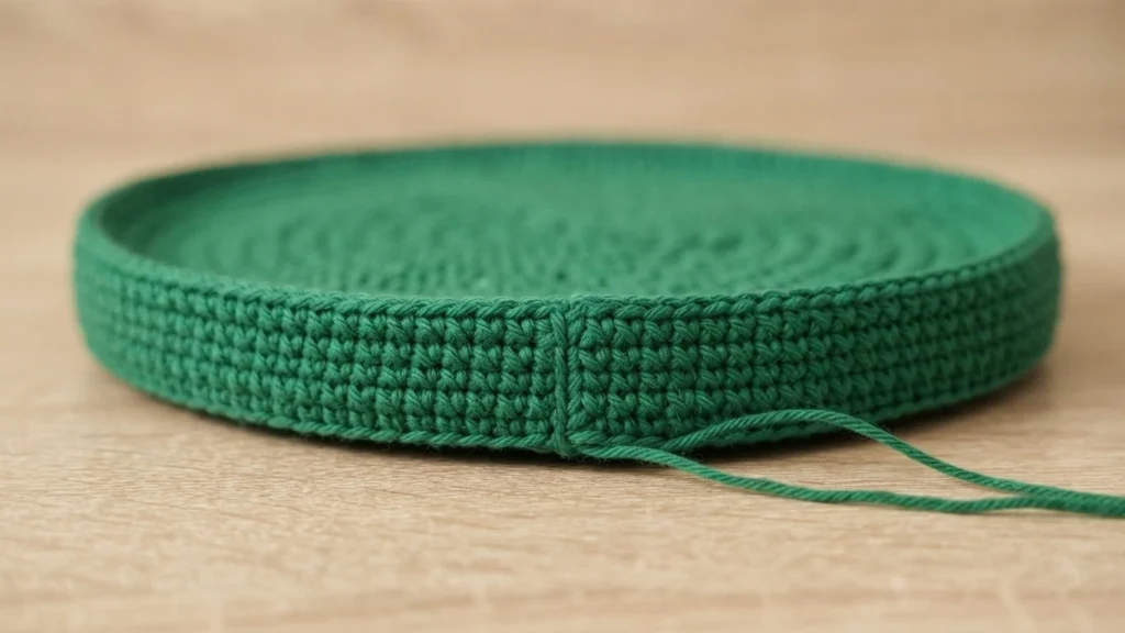 Close-up side view of the crocheted dark green bag bottom with a raised rim and a loose yarn tail, resting on a wooden surface