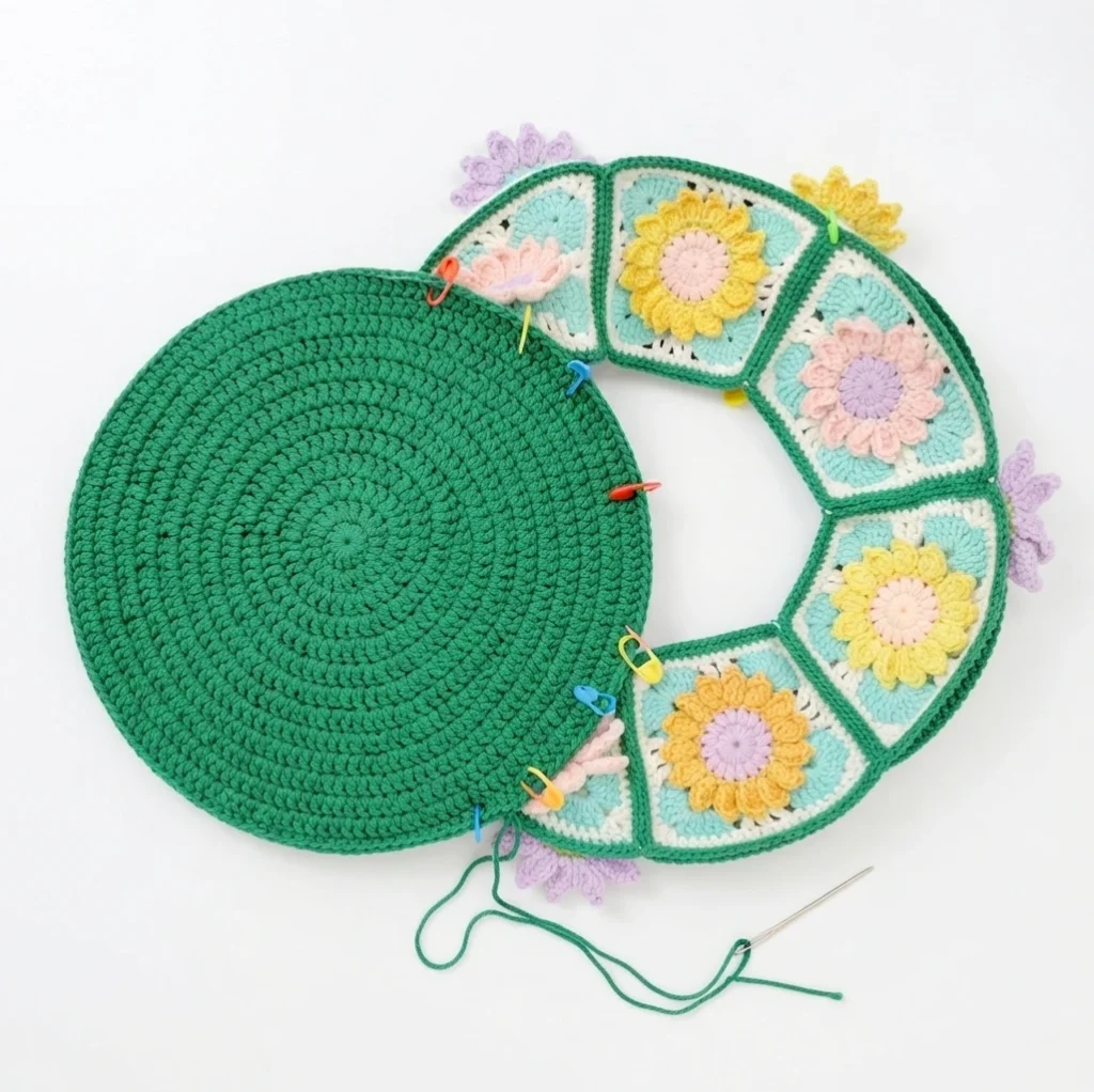 Flat lay of a round dark green crocheted bag bottom next to a ring of six sunflower granny square motifs held together with colorful stitch markers, with a threaded yarn needle and green yarn lying below on a white background.