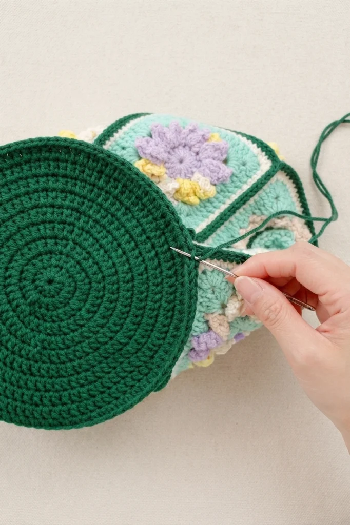 A hand using a yarn needle to whipstitch a round forest-green crocheted bag bottom onto floral granny-square body panels.