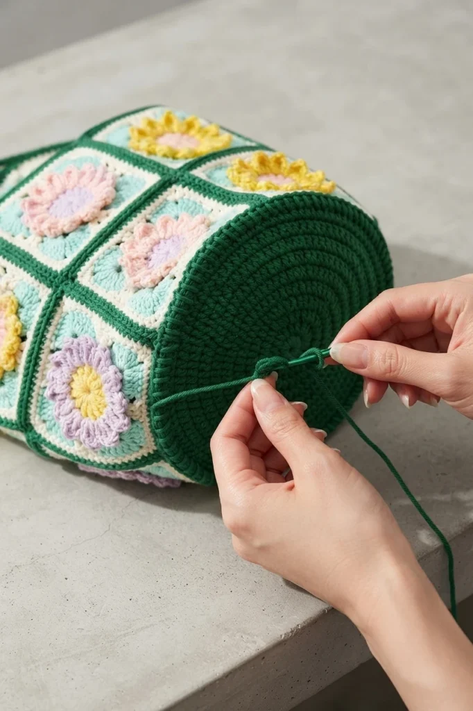 Hands holding a granny square bucket bag body of floral squares in pink, yellow and lavender while crocheting a round green base with a hook and green yarn.