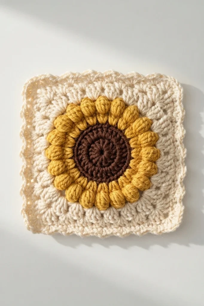 Finished sunflower granny square with a brown center, golden yellow bobble-stitch petal ring and cream outer rounds on a white background.