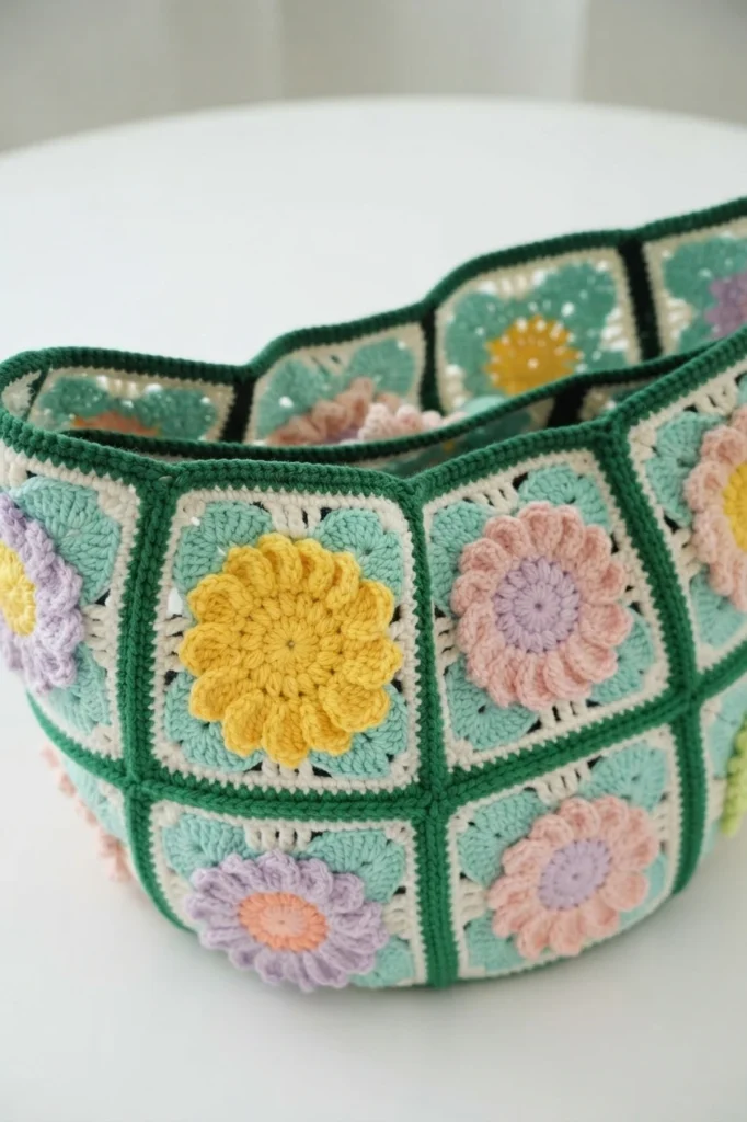 Crocheted bucket bag body made of joined flower granny squares in mint green with cream and dark green borders, yellow pink and lavender flowers, and an unfinished scalloped green top edge.