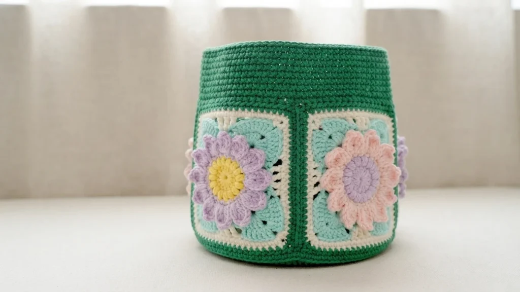 Green crocheted bag body with pastel floral granny squares in lavender, pink and yellow on mint and white, displayed on a light surface