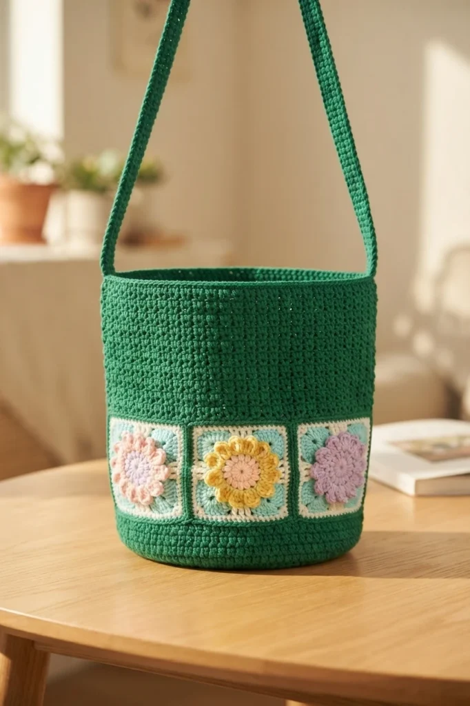 Green crocheted bucket bag with three floral granny squares across the lower front, standing on a wooden table in a bright room.