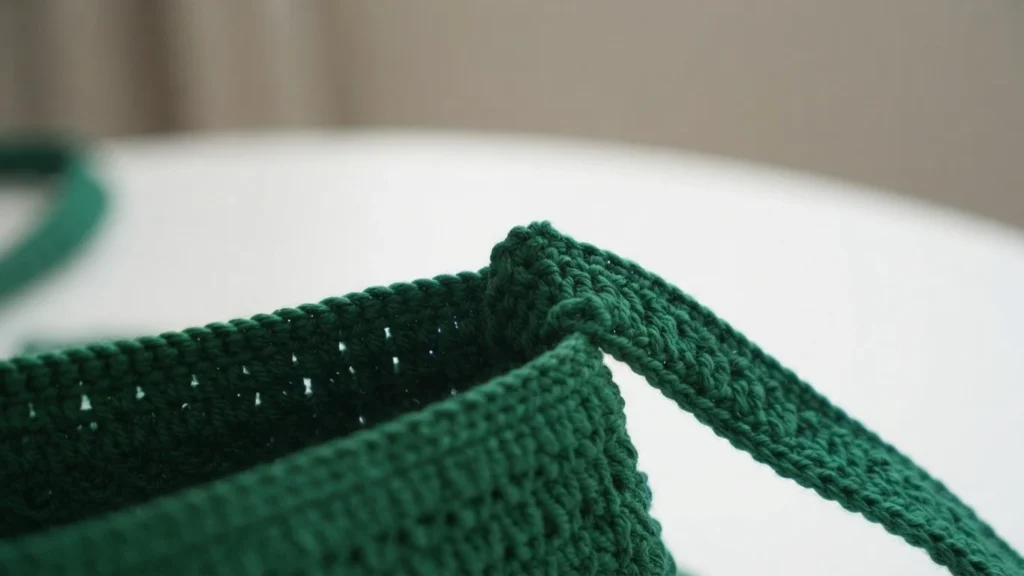 Close-up of the top edge of a dark green crocheted bag showing where the strap joins the body